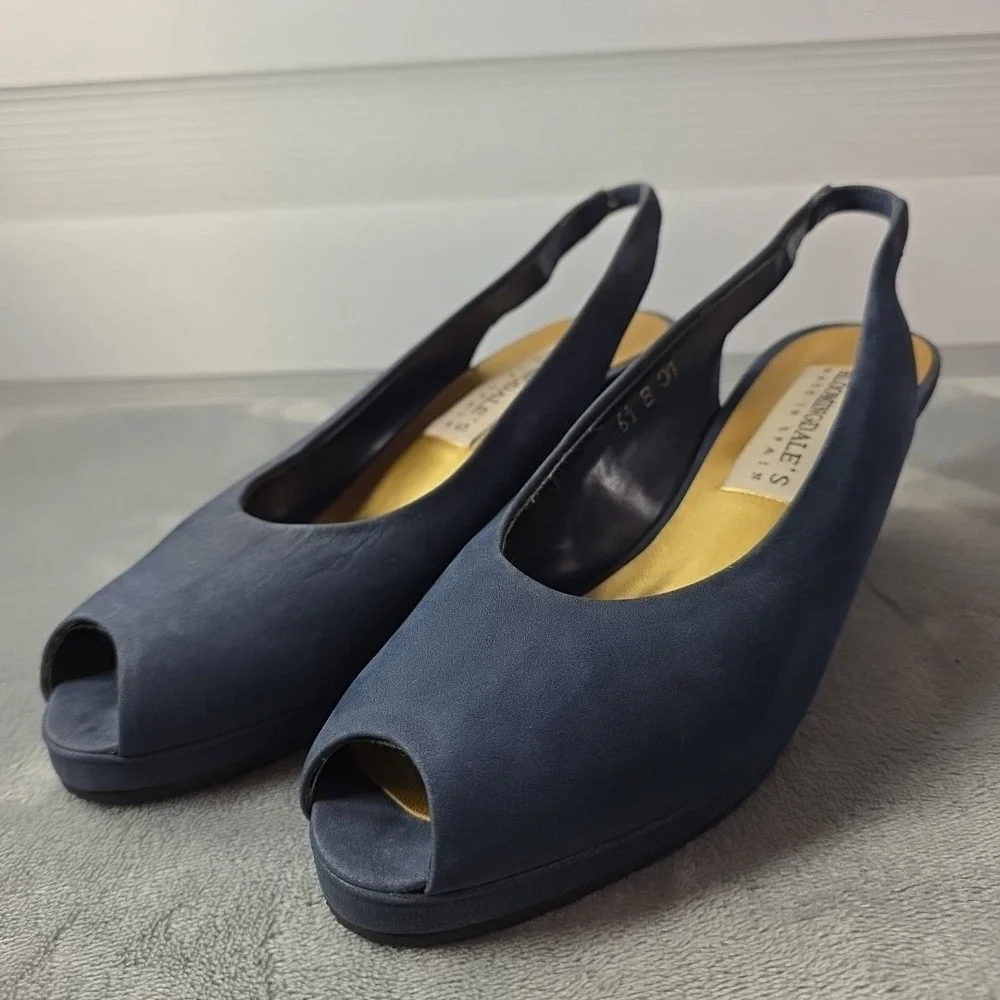 Vintage Bloomingdale's‎ Sling back Peep toe Wedges Blue Suede Size 6.5B